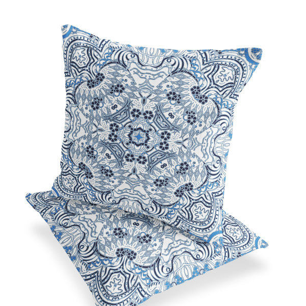 Homeroots Set Of Two 16" X 16" Blue And White Geometric Indoor Outdoor Throw Pillow  Polyester 535885