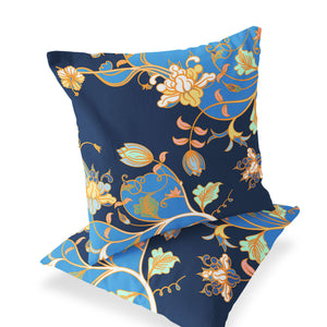 Homeroots Set Of Two 16" X 16" Blue And Orange Botanical Indoor Outdoor Throw Pillow  Polyester 535887