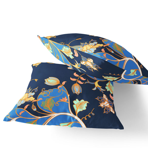 Homeroots Set Of Two 16" X 16" Blue And Orange Botanical Indoor Outdoor Throw Pillow  Polyester 535887