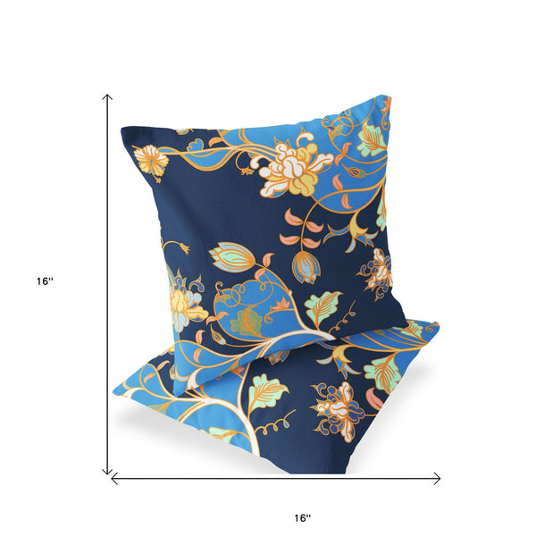 Homeroots Set Of Two 16" X 16" Blue And Orange Botanical Indoor Outdoor Throw Pillow  Polyester 535887