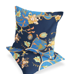 Homeroots Set Of Two 16" X 16" Blue And Orange Botanical Indoor Outdoor Throw Pillow  Polyester 535887