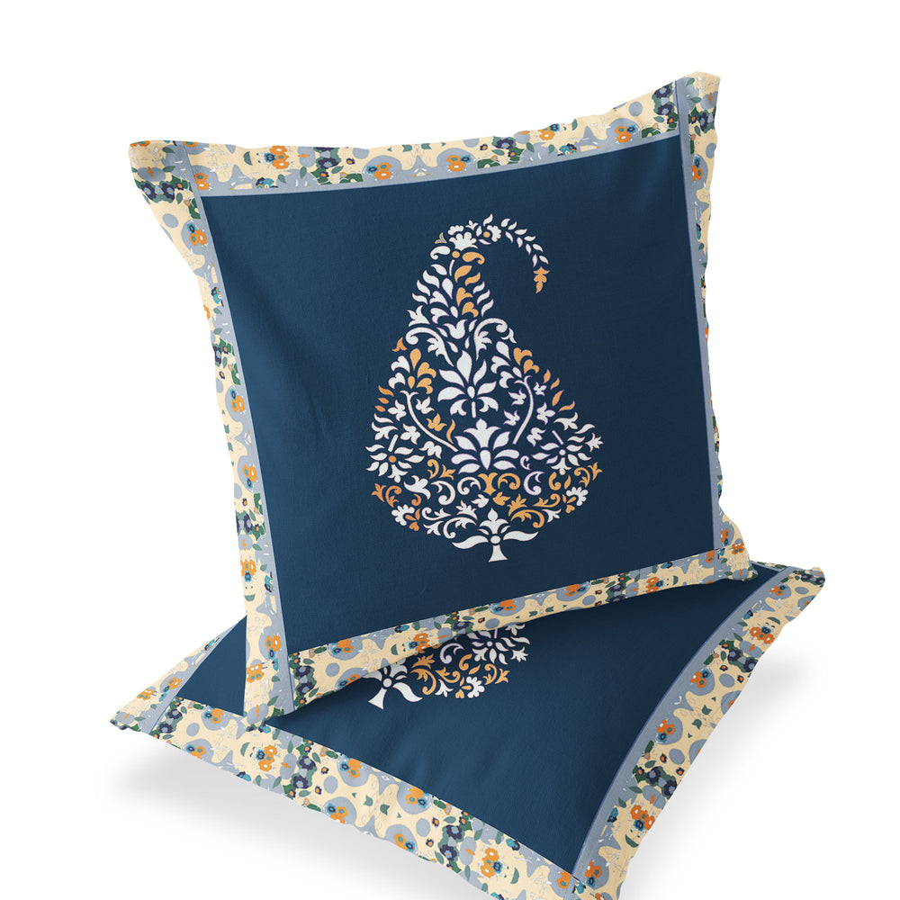 Homeroots Set Of Two 16" X 16" Blue And Orange Botanical Indoor Outdoor Throw Pillow  Polyester 535895