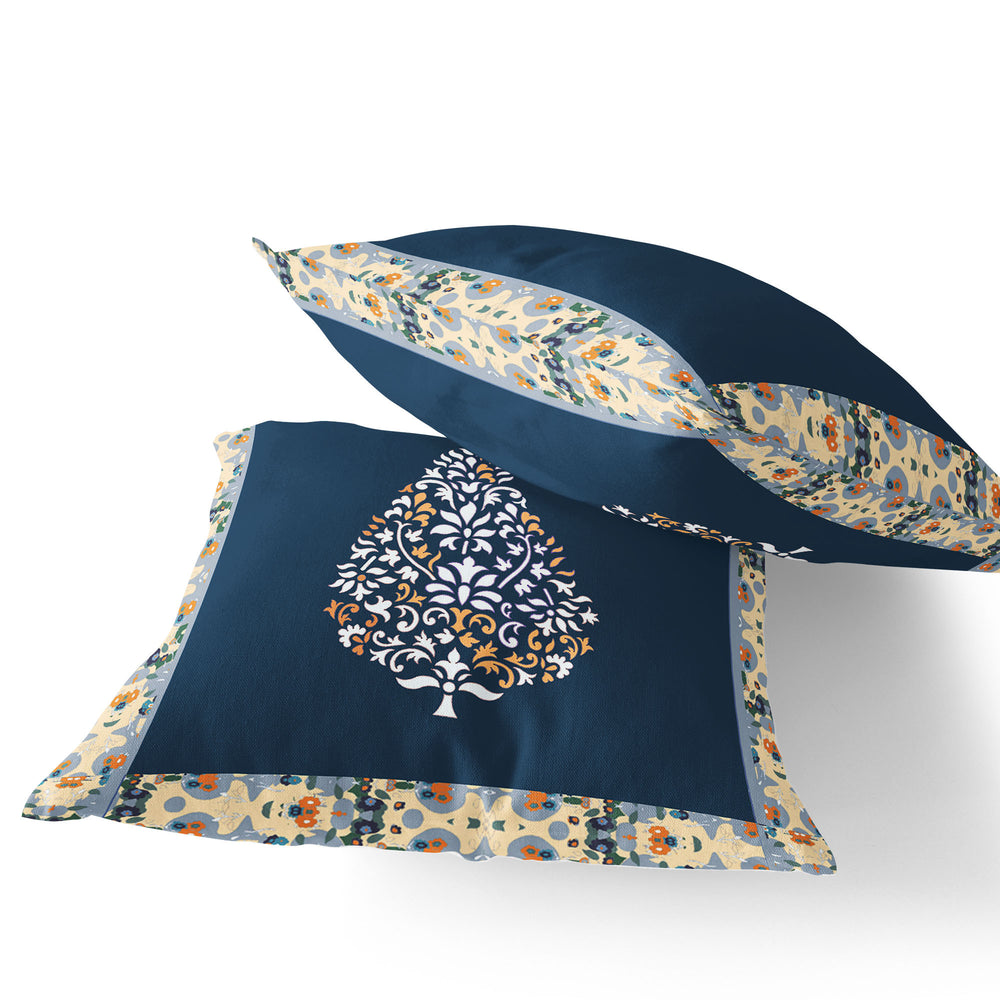 Homeroots Set Of Two 16" X 16" Blue And Orange Botanical Indoor Outdoor Throw Pillow  Polyester 535895