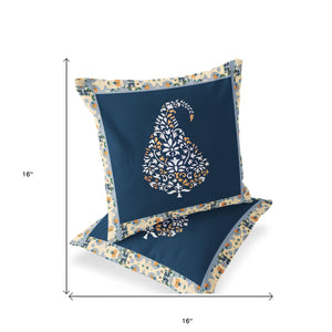 Homeroots Set Of Two 16" X 16" Blue And Orange Botanical Indoor Outdoor Throw Pillow  Polyester 535895