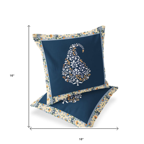 Homeroots Set Of Two 16" X 16" Blue And Orange Botanical Indoor Outdoor Throw Pillow  Polyester 535895