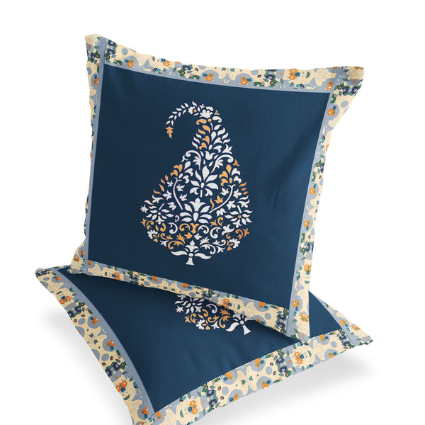 Homeroots Set Of Two 16" X 16" Blue And Orange Botanical Indoor Outdoor Throw Pillow  Polyester 535895