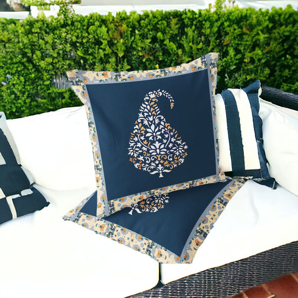 Homeroots Set Of Two 16" X 16" Blue And Orange Botanical Indoor Outdoor Throw Pillow  Polyester 535895