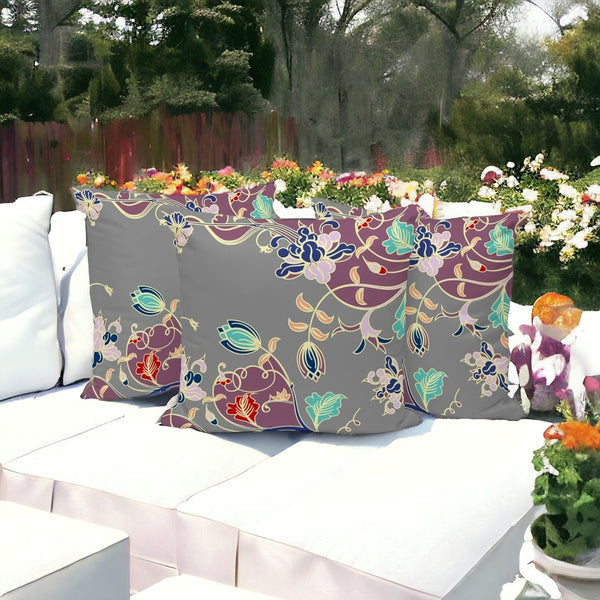 HomeRoots Set of Three 16" Gray and Purple Botanical Throw Pillows for Indoor & Outdoor Charm and Comfort 535907