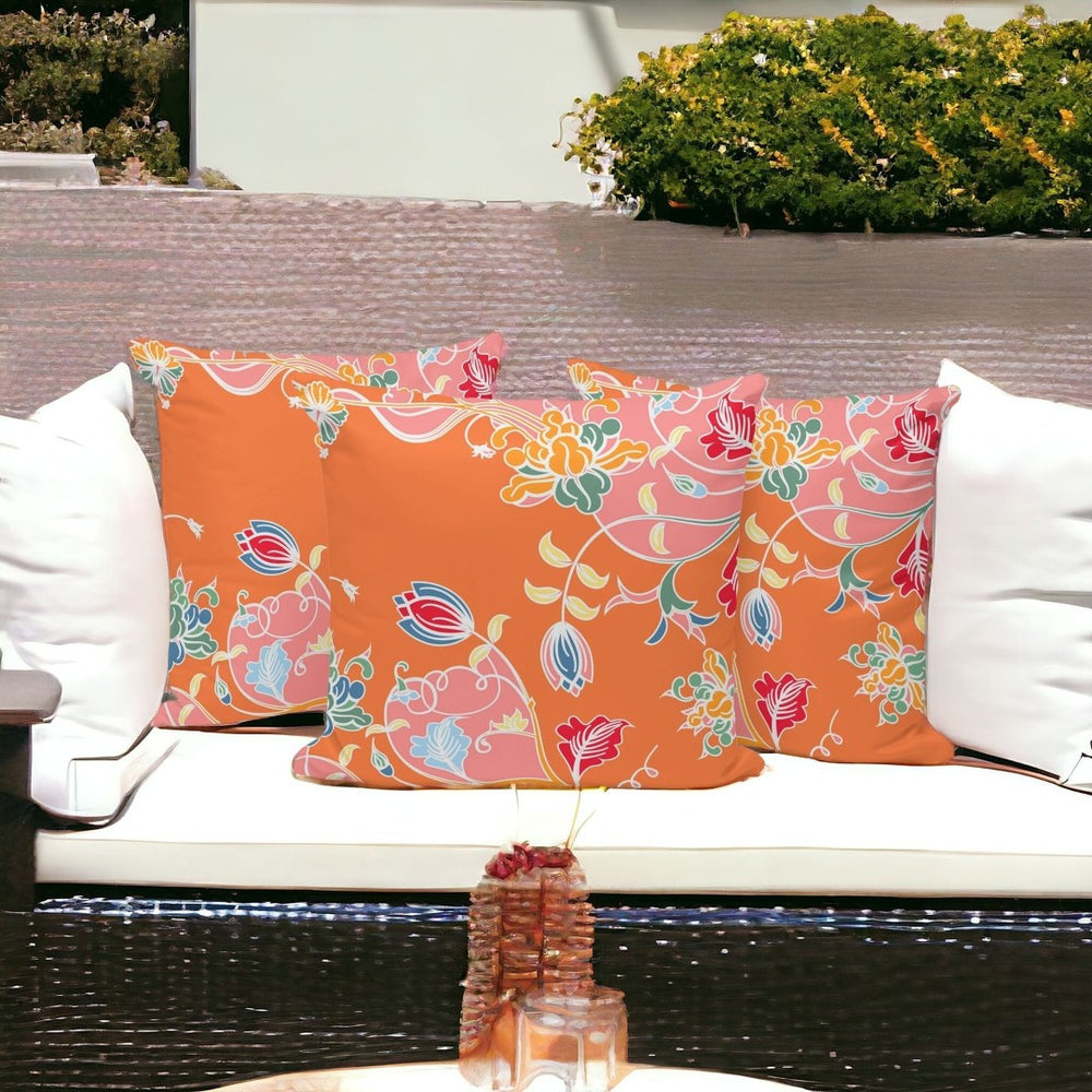 HomeRoots Set of Three 16" X 16" Vibrant Pink and Orange Botanical Throw Pillows for Indoor/Outdoor Style 535908