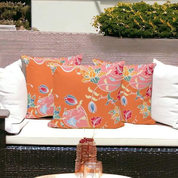 HomeRoots Set of Three 16" X 16" Vibrant Pink and Orange Botanical Throw Pillows for Indoor/Outdoor Style 535908