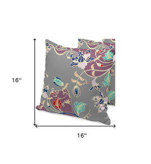 Homeroots Set Of Three 16" X 16" Gray And Purple Botanical Indoor Outdoor Throw Pillow  Polyester 535910