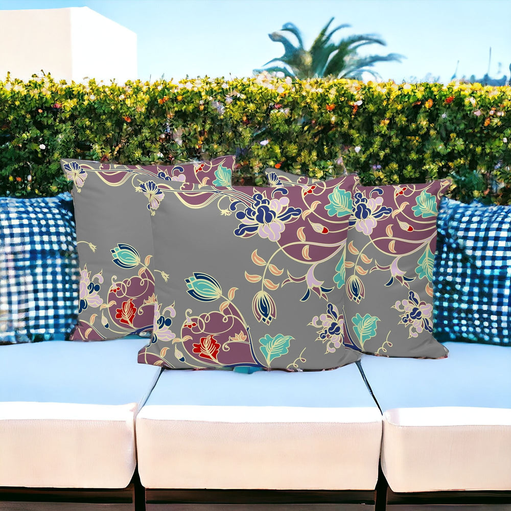 Homeroots Set Of Three 16" X 16" Gray And Purple Botanical Indoor Outdoor Throw Pillow  Polyester 535910