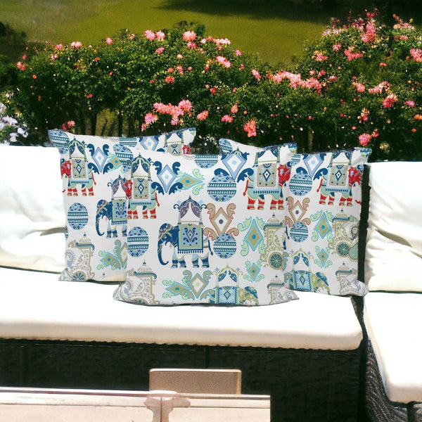 HomeRoots Set of Three Stylish 16" Blue & White Elephant Abstract Throw Pillows for Indoor & Outdoor Use 535919