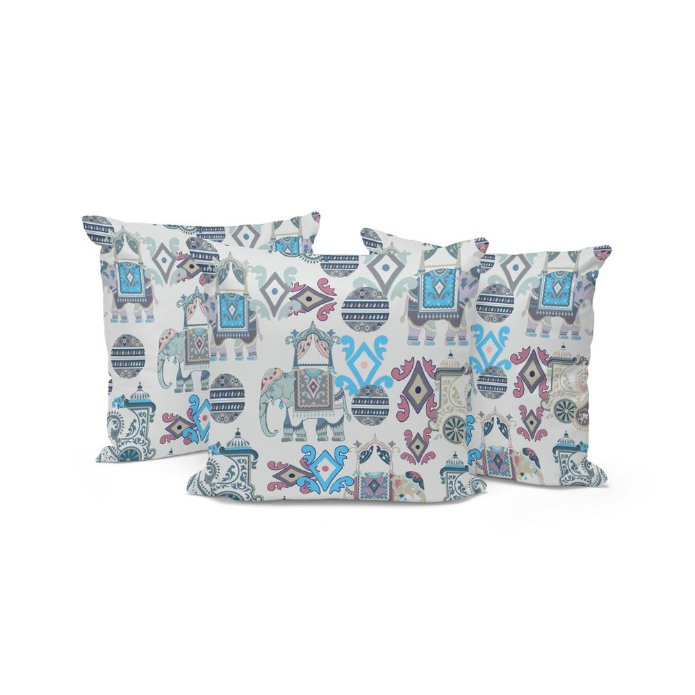 HomeRoots Set of Three 16" X 16" Beige and Blue Elephant Abstract Throw Pillows for Indoor & Outdoor Spaces 535923