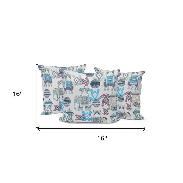 HomeRoots Set of Three 16" X 16" Beige and Blue Elephant Abstract Throw Pillows for Indoor & Outdoor Spaces 535923