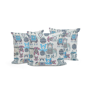 HomeRoots Set of Three 16" X 16" Beige and Blue Elephant Abstract Throw Pillows for Indoor & Outdoor Spaces 535923