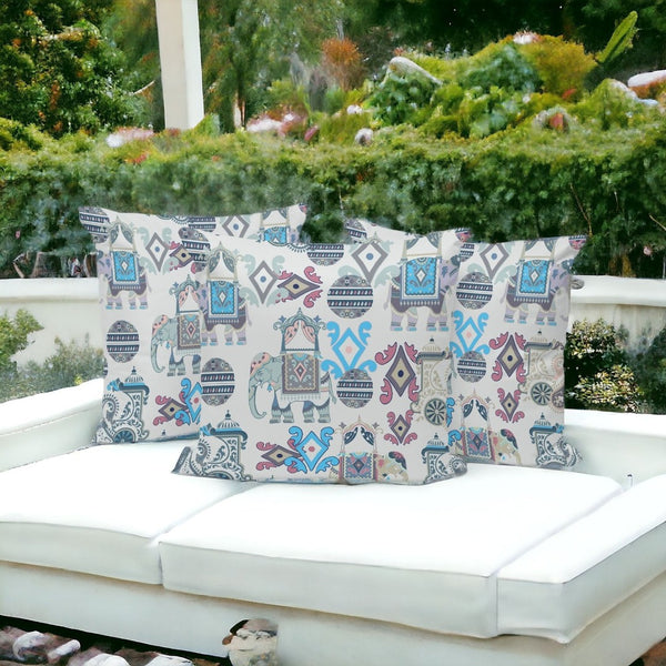 HomeRoots Set of Three 16" X 16" Beige and Blue Elephant Abstract Throw Pillows for Indoor & Outdoor Spaces 535923