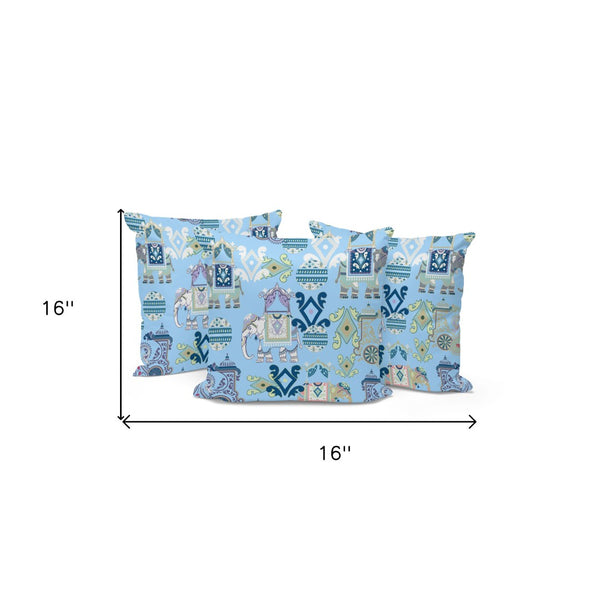 HomeRoots Set of Three 16" Blue & White Elephant Abstract Throw Pillows for Stylish Indoor/Outdoor Decor 535925