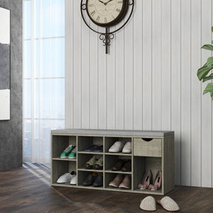 English Elm Storage Bench with Cushion, 10-Compartment Shoe Organizer, Drawer & 3-Tier Space for Entryway Use W3151P288934