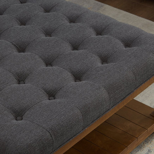 English Elm Large Tufted Linen Square Ottoman with Solid Wood Shelf for Living Room Use Charcoal W2186P379327