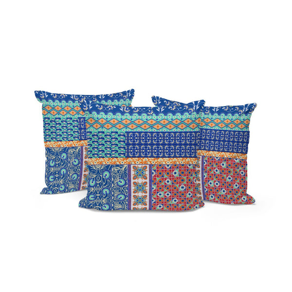 HomeRoots Set of Three 16" x 16" Blue & Orange Botanical Throw Pillows for Indoor & Outdoor Style 535941