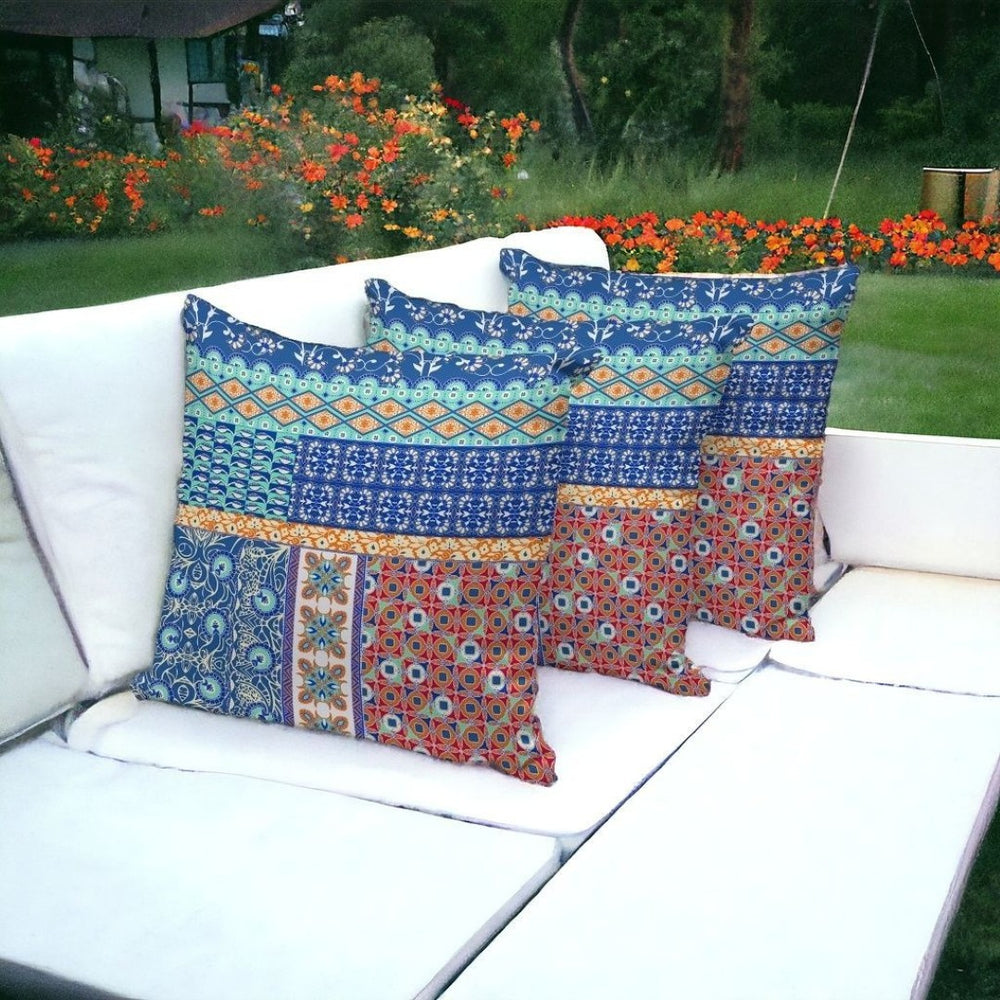 HomeRoots Set of Three 16" x 16" Blue & Orange Botanical Throw Pillows for Indoor & Outdoor Style 535941