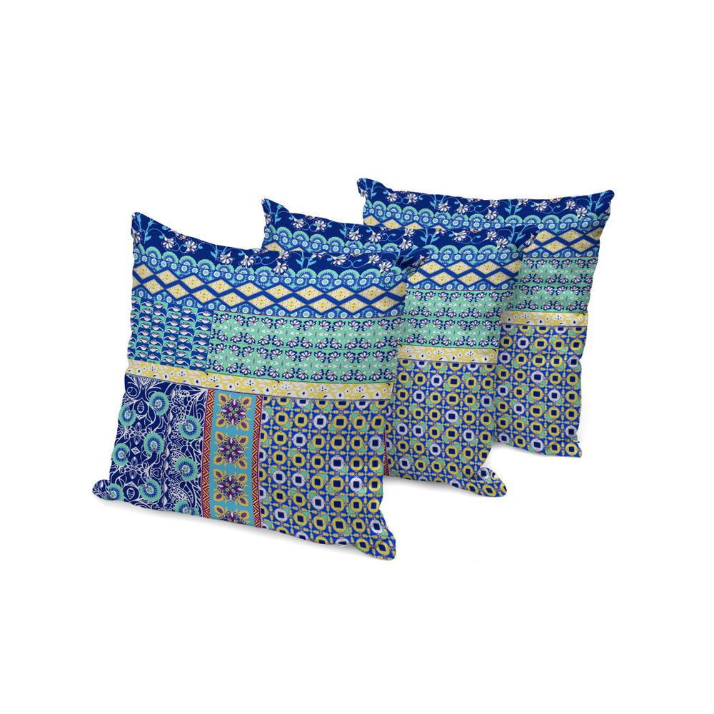 Homeroots Set Of Three 16" X 16" Blue And Yellow Botanical Indoor Outdoor Throw Pillow  Polyester 535948