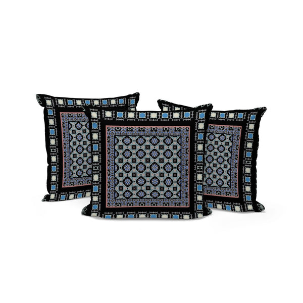 HomeRoots Set of Three Botanical Throw Pillows - 16" Black and Blue Indoor/Outdoor Cushions for Style & Comfort 535956