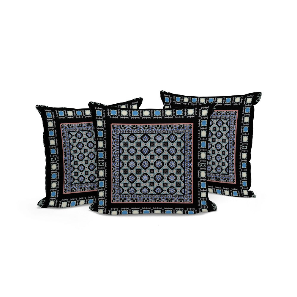 HomeRoots Set of Three Botanical Throw Pillows - 16" Black and Blue Indoor/Outdoor Cushions for Style & Comfort 535956