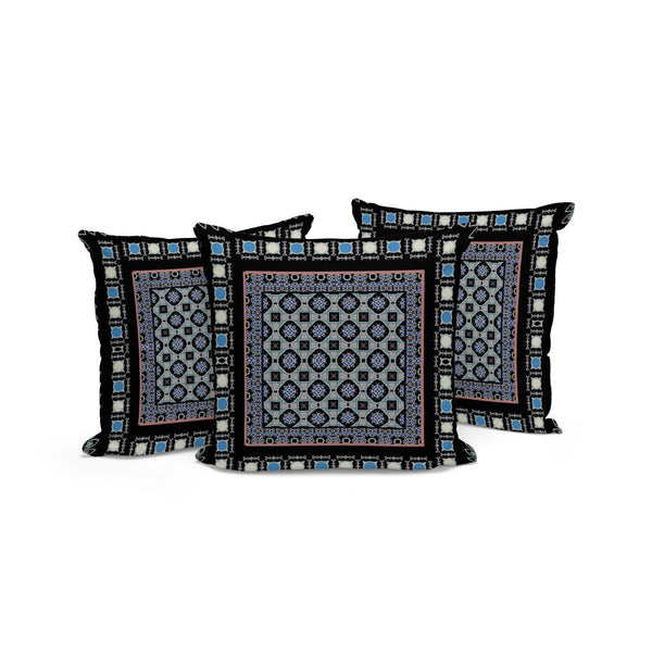HomeRoots Set of Three Botanical Throw Pillows - 16" Black and Blue Indoor/Outdoor Cushions for Style & Comfort 535956