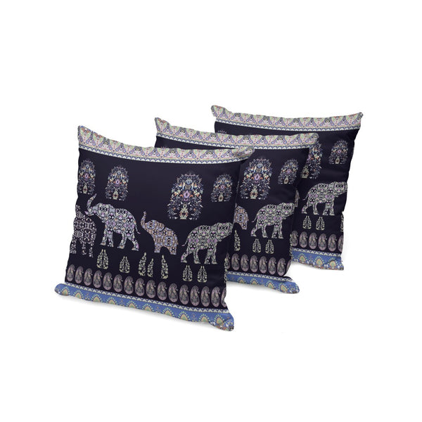 HomeRoots Set of Three 16" Blue & Purple Elephant Paisley Throw Pillows for Indoor/Outdoor Cozy Decor 535958