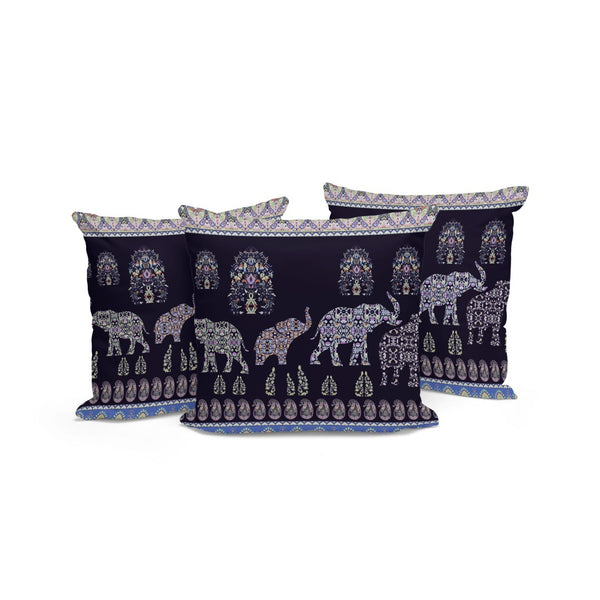 HomeRoots Set of Three 16" Blue & Purple Elephant Paisley Throw Pillows for Indoor/Outdoor Cozy Decor 535958