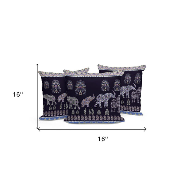 HomeRoots Set of Three 16" Blue & Purple Elephant Paisley Throw Pillows for Indoor/Outdoor Cozy Decor 535958
