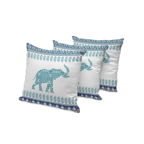 HomeRoots Set of Three 16" Blue and White Elephant Paisley Throw Pillows for Indoor & Outdoor Decor Bliss 535959