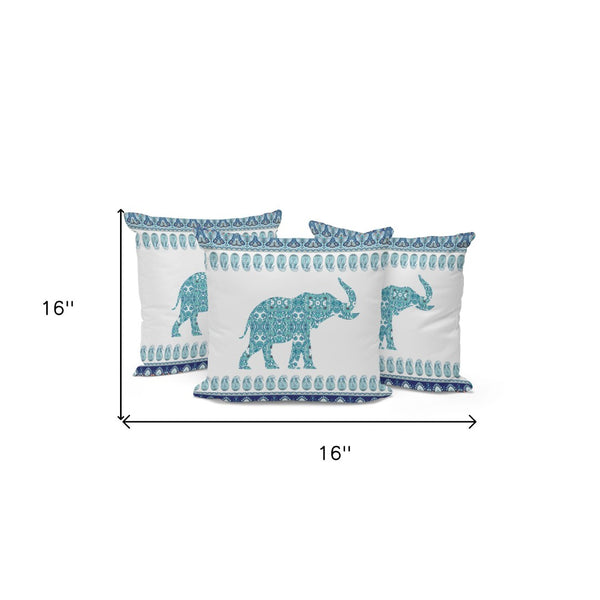 HomeRoots Set of Three 16" Blue and White Elephant Paisley Throw Pillows for Indoor & Outdoor Decor Bliss 535959