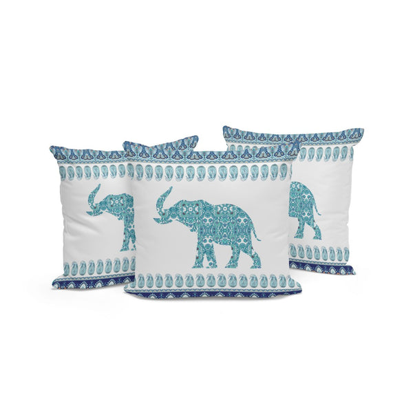 HomeRoots Set of Three 16" Blue and White Elephant Paisley Throw Pillows for Indoor & Outdoor Decor Bliss 535959