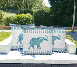 HomeRoots Set of Three 16" Blue and White Elephant Paisley Throw Pillows for Indoor & Outdoor Decor Bliss 535959