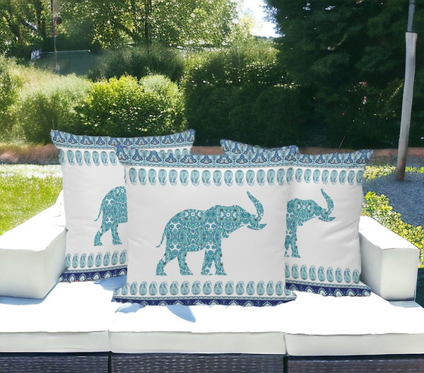HomeRoots Set of Three 16" Blue and White Elephant Paisley Throw Pillows for Indoor & Outdoor Decor Bliss 535959