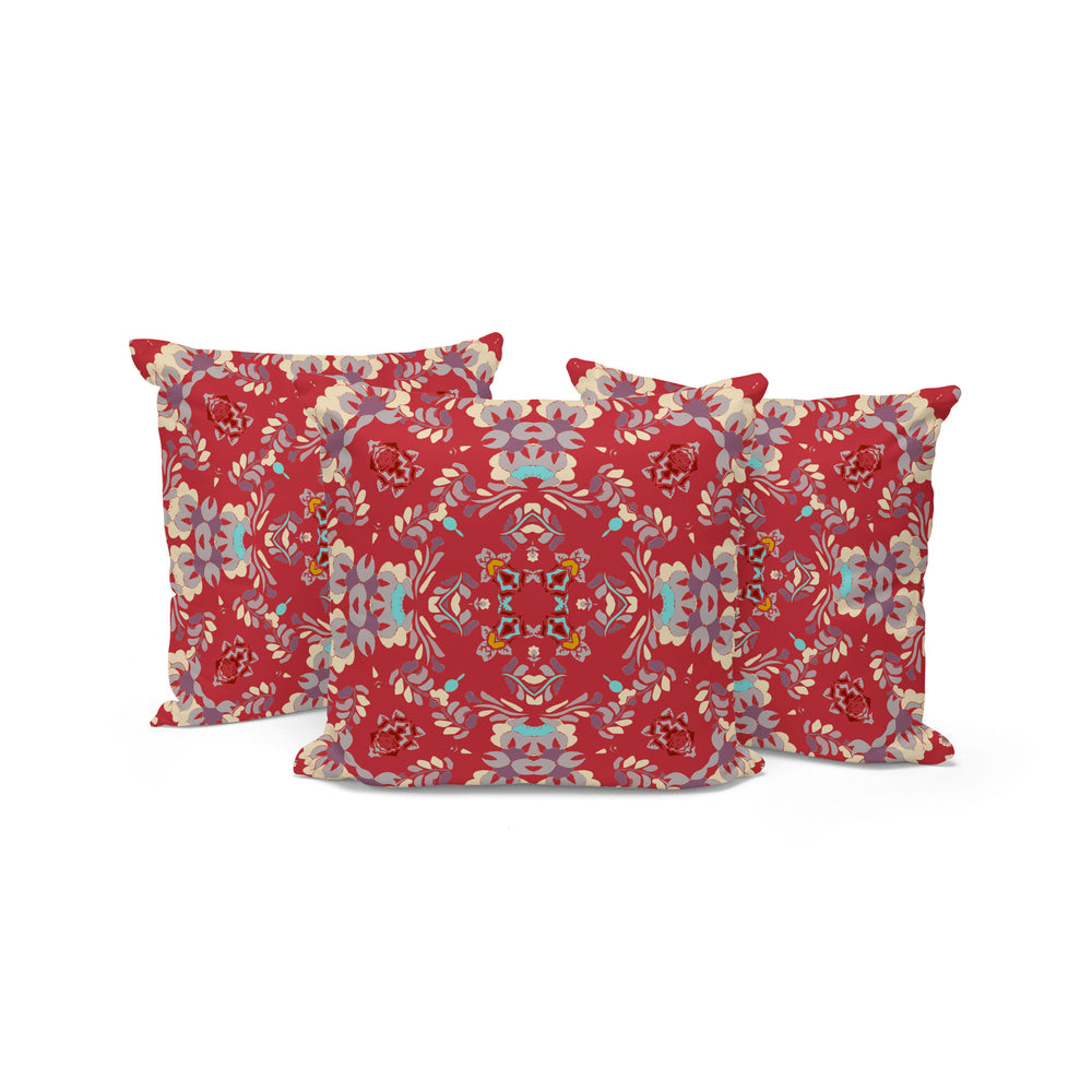Homeroots Set Of Three 16" X 16" Red And Ivory Geometric Indoor Outdoor Throw Pillow  Polyester 535964