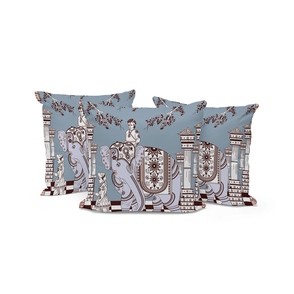 Homeroots Set Of Three 16" X 16" Blue And Brown Elephant Indoor Outdoor Throw Pillow  Polyester 535966