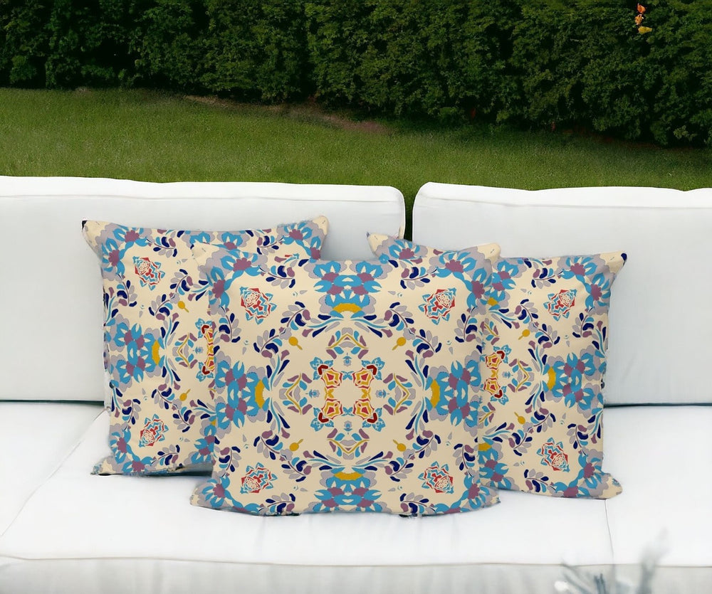HomeRoots Set of Three 16" Blue and Off-White Geometric Throw Pillows for Indoor & Outdoor Comfort & Style 535967