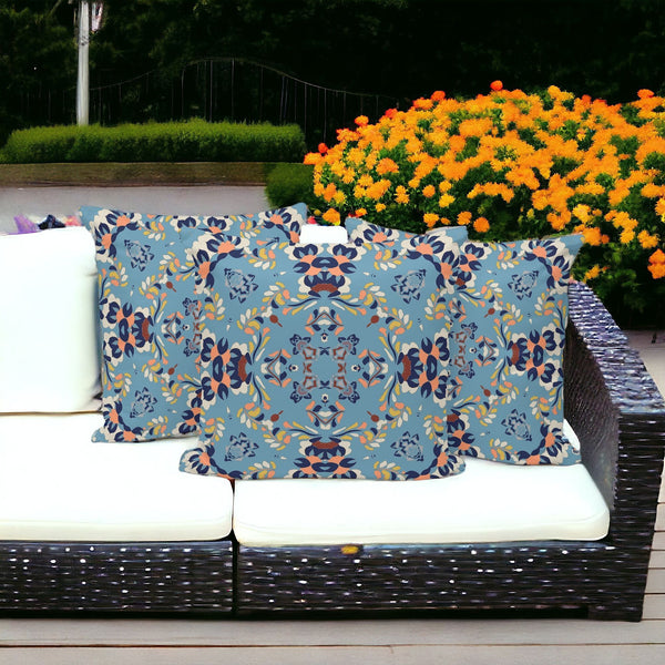 Homeroots Set Of Three 16" X 16" Blue And Gray Geometric Indoor Outdoor Throw Pillow  Polyester 535968