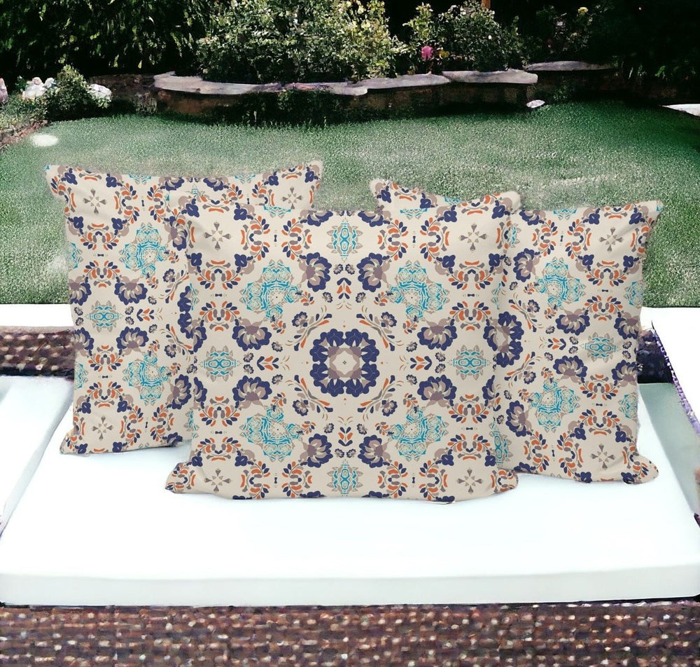 HomeRoots Set of Three 16" Indoor/Outdoor Throw Pillows – Stylish Blue & Off-White Botanical Design Decor 535972