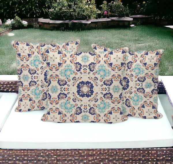 HomeRoots Set of Three 16" Indoor/Outdoor Throw Pillows – Stylish Blue & Off-White Botanical Design Decor 535972