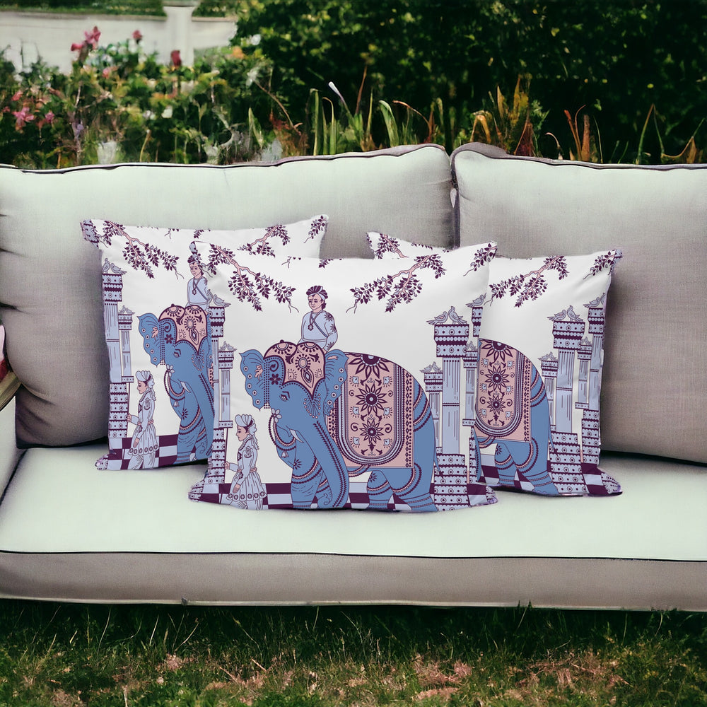 Homeroots Set Of Three 16" X 16" Blue And Purple Elephant Blown Seam Floral Indoor Outdoor Throw Pillow  Polyester 535977