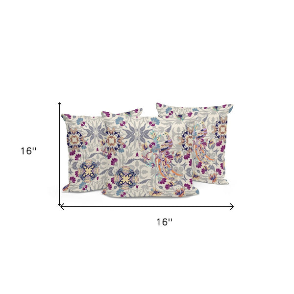 HomeRoots Set of Three 16" Pink & White Peacock Throw Pillows - Indoor/Outdoor Comfort with Charming Style 535991