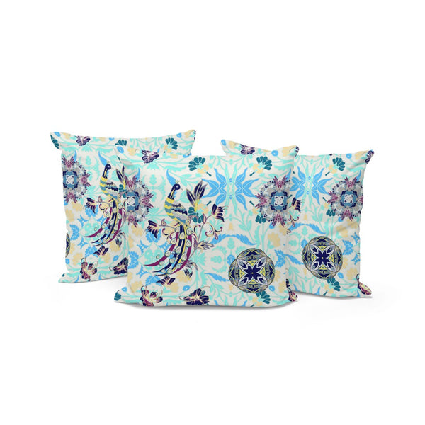 HomeRoots Set of Three Stylish Blue and White Peacock Throw Pillows for Indoor and Outdoor Elegance 535993