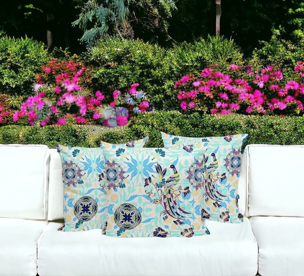 HomeRoots Set of Three Stylish Blue and White Peacock Throw Pillows for Indoor and Outdoor Elegance 535993