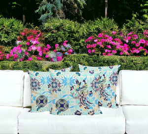 HomeRoots Set of Three Stylish Blue and White Peacock Throw Pillows for Indoor and Outdoor Elegance 535993