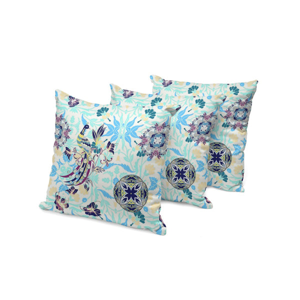 HomeRoots Set of Three Stylish Blue and White Peacock Throw Pillows for Indoor and Outdoor Elegance 535993